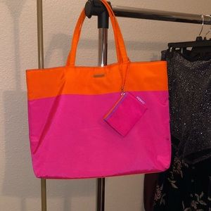 Orange and pink Clinique tote bag w/small coin bag